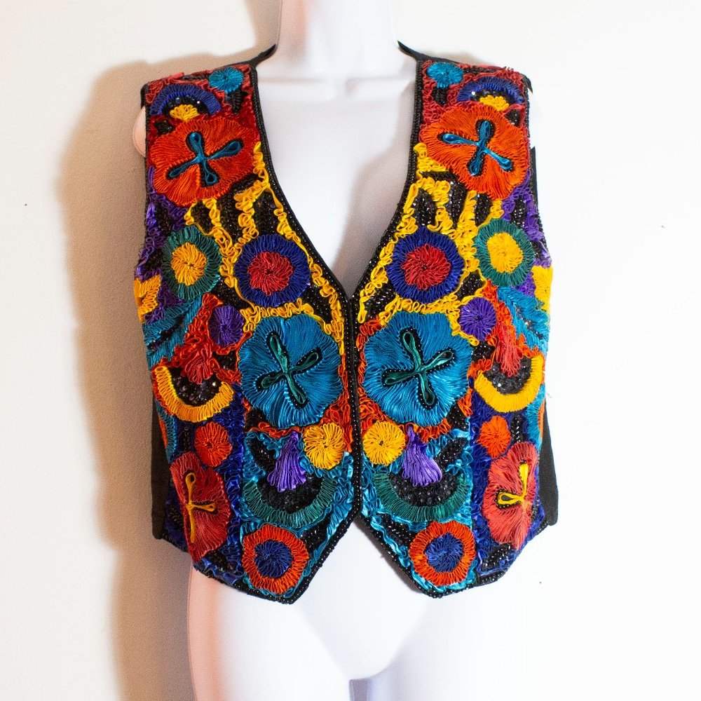 Vintage Vest Cache Silk Wearable Art ribbon Large 80s blue red yellow